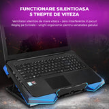 Cooler Laptop Gaming RGB Elindor® Suport cu Unghi Reglabil pe 5 Nivele, Viteza Ajustabila, Dimensiuni Compatabile 15.6-17 Inch, 5 Ventilatoare Puternice si Silentioase 20dB, 2 Porturi USB, pentru Birou, Calatorii, 45.5 x 32 x 3.2 cm, Negru