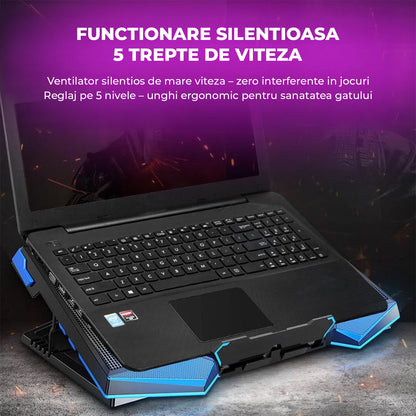Cooler Laptop Gaming RGB Elindor® Suport cu Unghi Reglabil pe 5 Nivele, Viteza Ajustabila, Dimensiuni Compatabile 15.6-17 Inch, 5 Ventilatoare Puternice si Silentioase 20dB, 2 Porturi USB, pentru Birou, Calatorii, 45.5 x 32 x 3.2 cm, Negru
