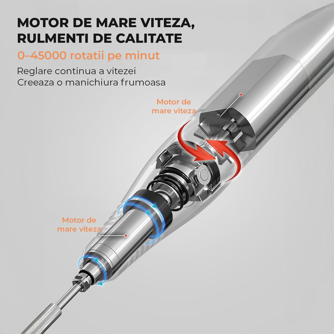 Freza Unghii Electrica Elindor® cu Suport Pila Electrica Reincarcabila, Set Complet de Ingrijire pentru Manichiura si Pedichiura Profesionala, Cuticule sau Calcaie, 45000 RPM, Viteza Reglaj Continuu, 6 Capete Detasabile, 6 Benzi Abrazive, Ecran LCD, Alb