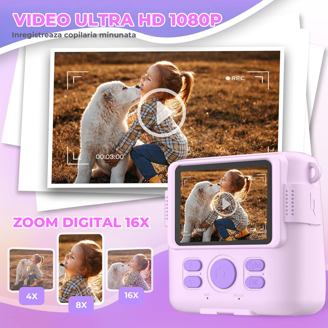 Camera Foto Copii Elindor®, Jucarie cu Ecran LCD, Cadou Educativ pentru Poze, Card Inclus 32GB, Ideal pentru Fete si Baieti, Mov