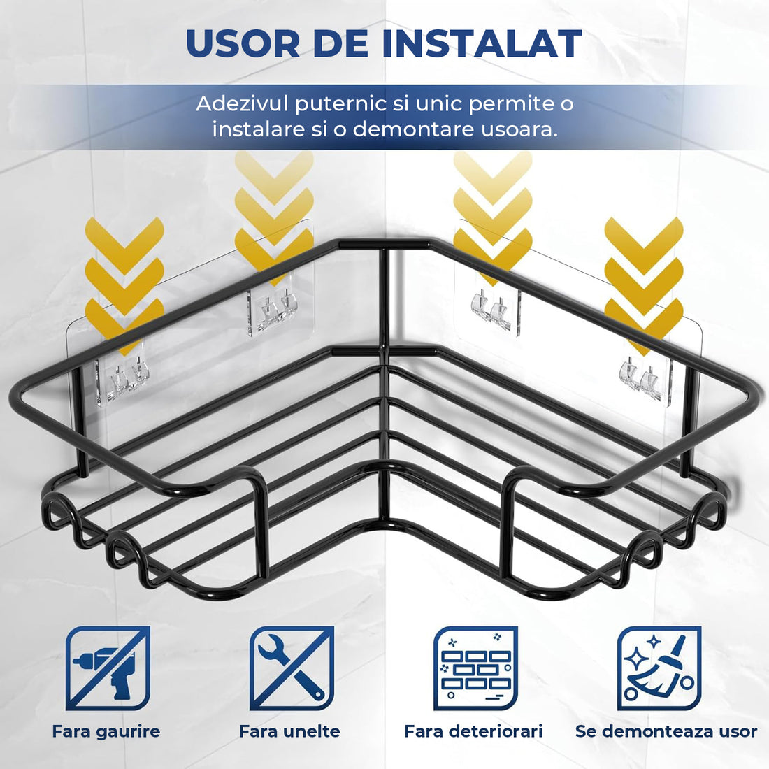 Set 5 Rafturi de Dus Elindor® Polita cu Adeziv, Etajera de Baie pentru Colt, Raft cu Carlige, din Otel Carbon, Suport Prosop si Sapun, Organizator Baie sau Etajere Depozitare in Bucatarie, Accesorii Sanitare, Negru