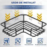 Set 5 Rafturi de Dus Elindor® Polita cu Adeziv, Etajera de Baie pentru Colt, Raft cu Carlige, din Otel Carbon, Suport Prosop si Sapun, Organizator Baie sau Etajere Depozitare in Bucatarie, Accesorii Sanitare, Negru