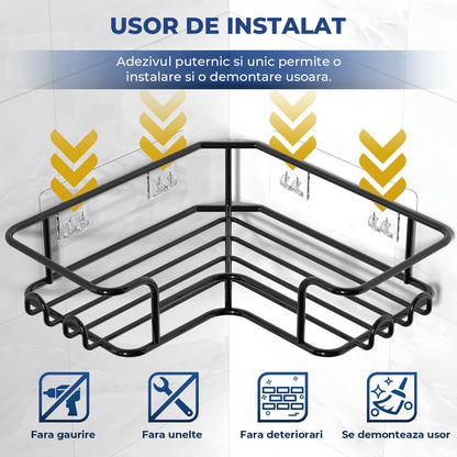 Set 5 Rafturi de Dus Elindor® Polita cu Adeziv, Etajera de Baie pentru Colt, Raft cu Carlige, din Otel Carbon, Suport Prosop si Sapun, Organizator Baie sau Etajere Depozitare in Bucatarie, Accesorii Sanitare, Negru