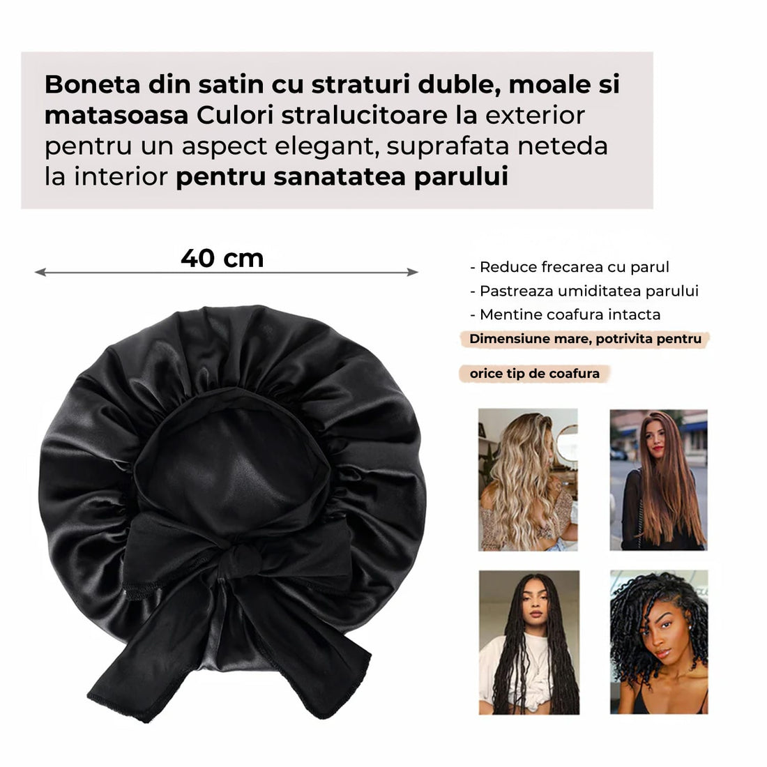 Boneta Satin Dubla Elindor® Pentru Protectia Parului, Banda Reglabila, Negru