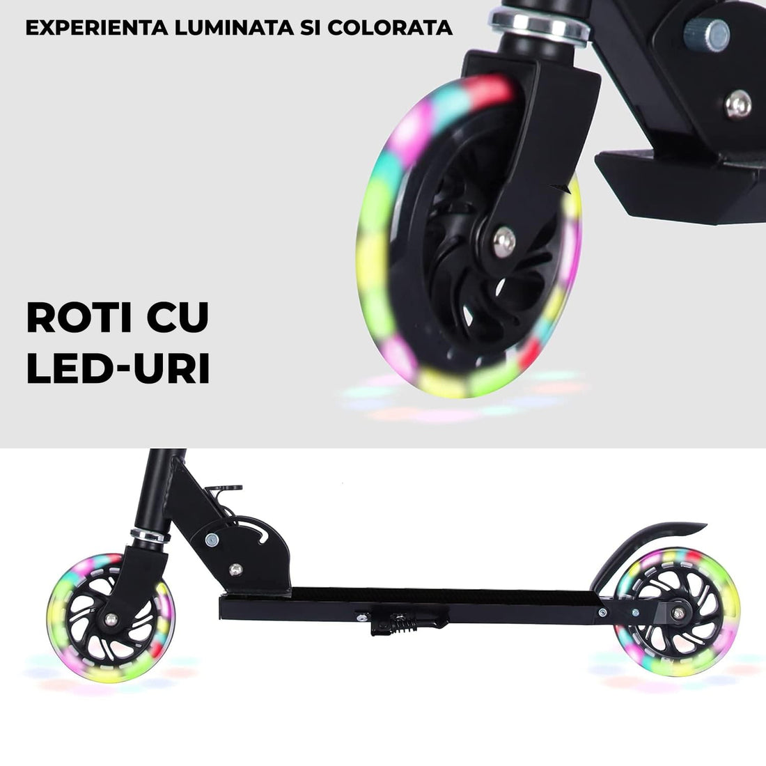 Trotinetă Elindor® Pliabilă cu Ghidon Ajustabil, Roți LED, Negru