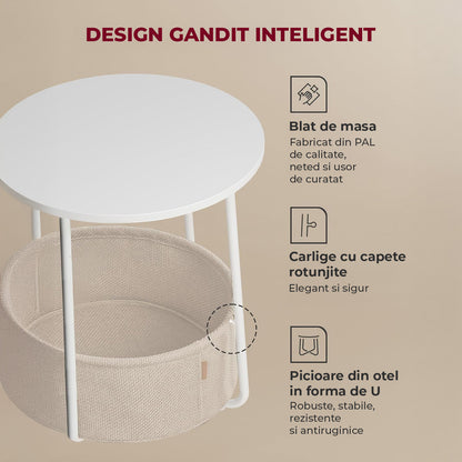 Masa de Cafea Laterala Elindor® Rotunda, Design Industrial, Ideala pentru Living, Birou, Dormitor, Mobila Multifunctionala, Moderna, Greutate Maxima Suportata 35 kg, Cos Depozitare, 50 x 45 x 45 cm, Alb