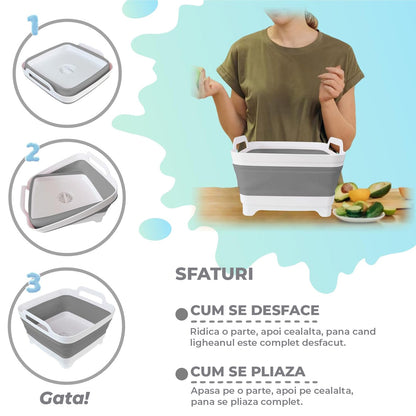 Lighean Pliabil Elindor® cu Dop de Scurgere, din Plastic Dur, Mare, Cos Rufe pentru Baie, Cadita pentru Animale de Companie, Ideal pentru Camping / Rulota, Baza Antialunecare, 30.5×31.5×20 cm, Gri / Alb