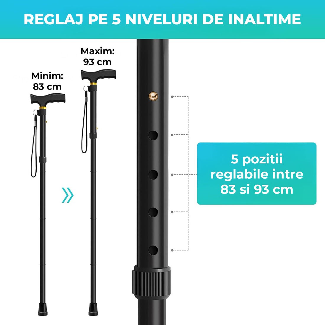 Baston Ortopedic Elindor® de Sprijin Pliabil, Usor si Reglabil, Potrivit pentru Ambele Maini, din Aluminiu Rezistent, Ofera Stabilitate si Sustinere pana la 100 Kg, Carja pentru Varstnici si Recuperare, Negru