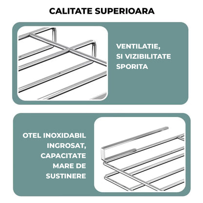 Suport de Perete Elindor® pentru Ustensile de Bucatarie, cu 10 Carlige, Sistem de Prindere prin Agatare, fara Gauri, Depozitare Diversa si Multipla, Suport Metalic, Accesorii Organizare, Economisire Spatiu, Organizator de 26 x 25  x 13 cm, Argintiu