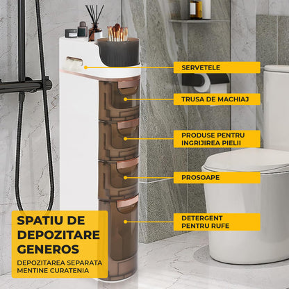 Dulap de Baie Slim Elindor® cu 4 Sertare si Spatiu Depozitare Superior Detasabil, Ideal pentru Baie, Bucatarie, Birou, Living, Spalatorii, Scoala, Organizator Multifunctional, 88.5 x 41 x 17 cm, Alb