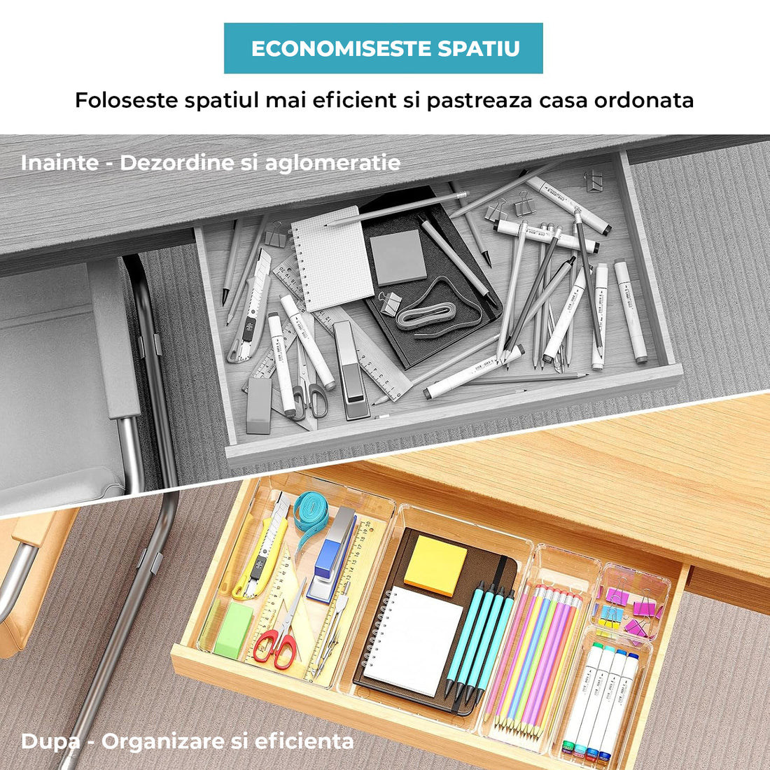 Set 12 Cutii Depozitare Elindor® Organizator pentru Bucatarie si Baie, 4 Marimi, Organizatoare Dulap si Sertare, Cutie pentru Sertar, Frigider, Camara, Baie, Bar, Birou, Cos Multifunctional, Separator Fructe, Legume, Creme, Parfumuri, Plastic Acrilic
