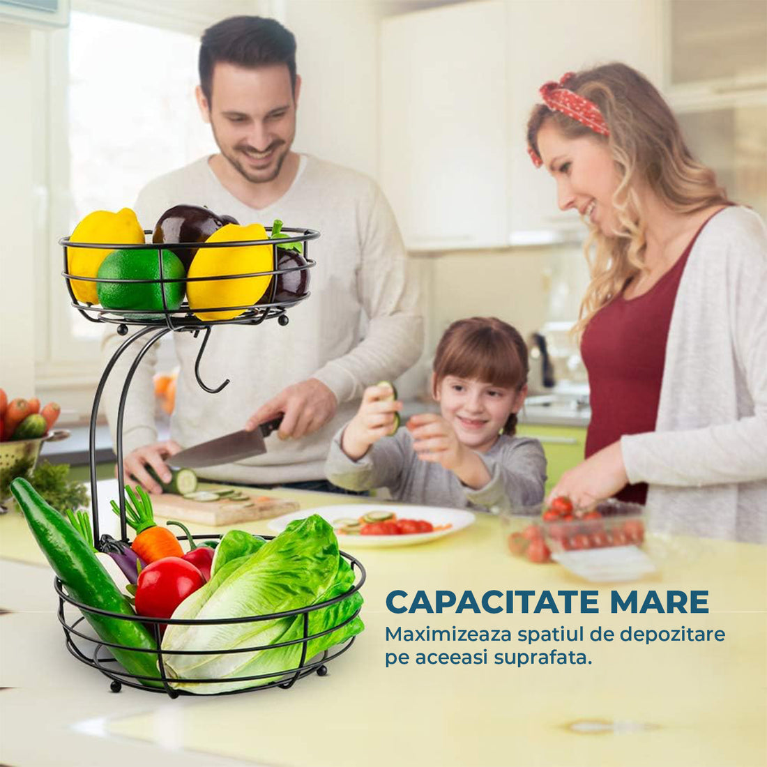 Cos de Fructe si Legume Elindor® Metalic, pe 2 Nivele, cu Carlig pentru Banane, Potrivit pentru Blat sau Masa Bucatarie, Living, Organizator cu Suport Detasabil, Depozitare Universala, 38 x 28 x 22 cm, Negru