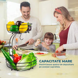 Cos de Fructe si Legume Elindor® Metalic, pe 2 Nivele, cu Carlig pentru Banane, Potrivit pentru Blat sau Masa Bucatarie, Living, Organizator cu Suport Detasabil, Depozitare Universala, 38 x 28 x 22 cm, Negru