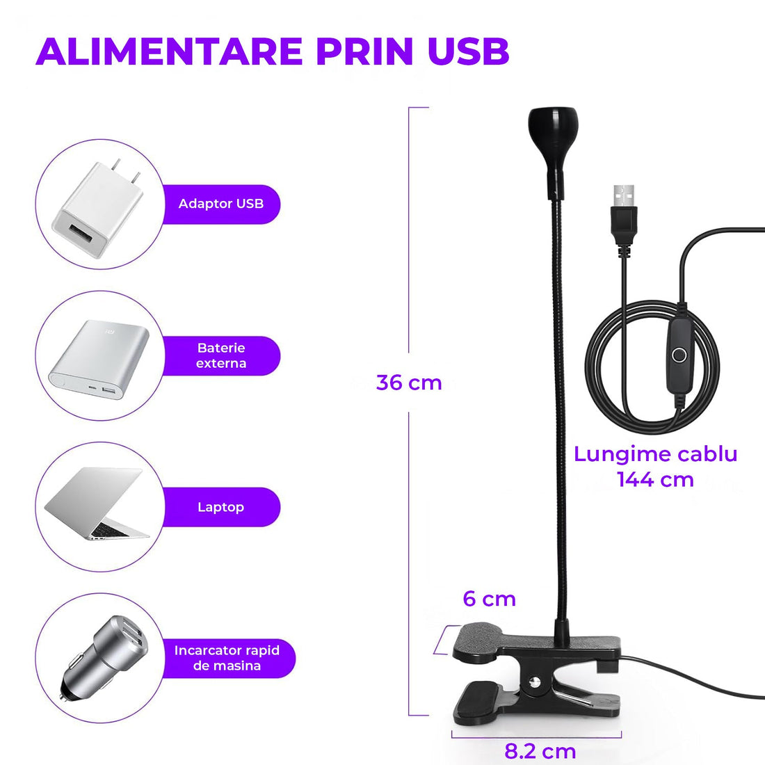 Lampa Profesionala Elindor® pentru Uscare Unghii, cu LED UV Reglabil, Clema, USB, Ajustabila, 37 cm ,Negru