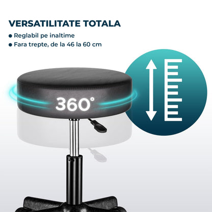 Scaun Rotativ Elindor® cu Roti, Ergonomic, fara Spatar si Manere, Design Compact, Tapitat cu Burete Moale, cu Picior Metalic, Potrivite pentru Living, Bucatarie, Birou, Dormitor, Inaltime Ajustabila, 48 x 48 x 46-60 cm, Negru
