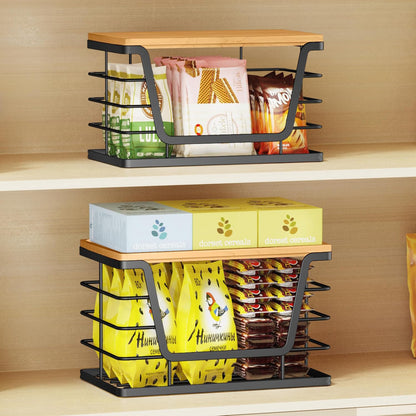 Set 2 Cosuri Depozitare Elindor® cu Capac, Organizator Metalic pentru Bucatarie si Baie, Organizatoare Stivuibile Dulap, Cutii pentru Camara, Baie, Bar, Birou, Cos Multifunctional, Separator Fructe, Legume, Parfumuri, Creme, Bambus