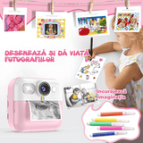 Camera Foto Instant Pentru Copii Elindor®, Ecran 2.4 Inch, 1080P, 16X Zoom, Printare Fara Cerneala, 3 Role Hartie Incluse, 32GB SD, Roz