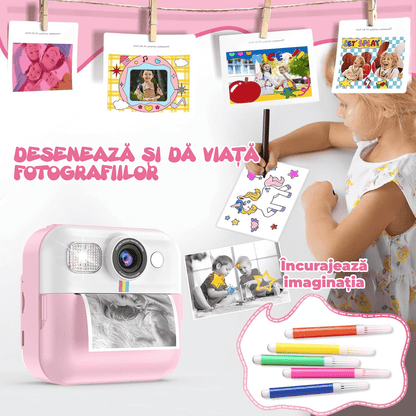Camera Foto Instant Pentru Copii Elindor®, Ecran 2.4 Inch, 1080P, 16X Zoom, Printare Fara Cerneala, 3 Role Hartie Incluse, 32GB SD, Roz