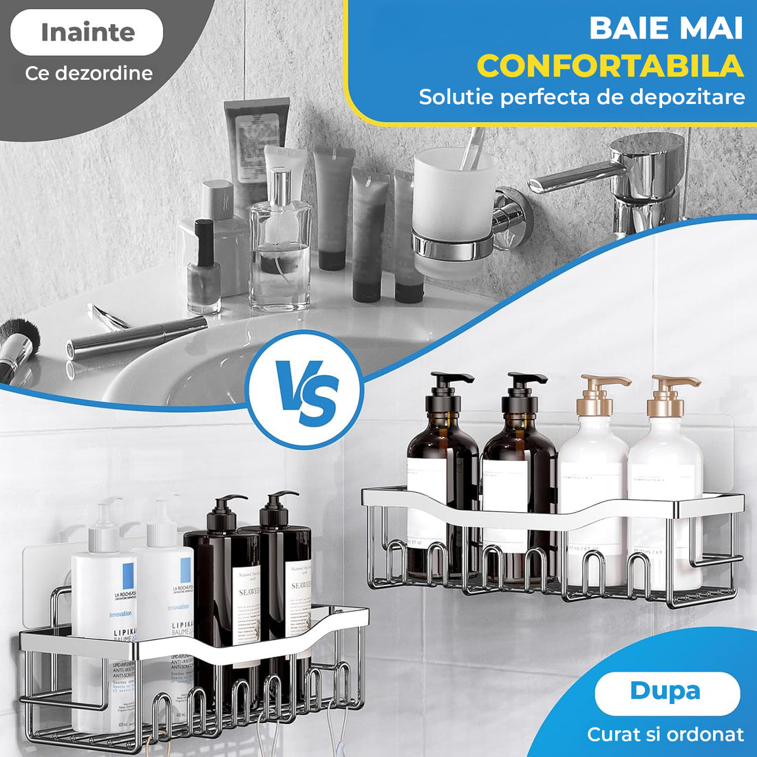 Set 5 Rafturi de Dus Elindor® Polita cu Adeziv, Etajera de Baie, Raft cu Carlige, din Otel Inoxidabil, Suport Prosop si Sapun, Organizator Baie sau Etajere Depozitare in Bucatarie, Accesorii Sanitare, Argintiu