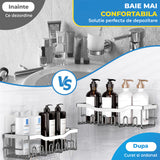 Set 5 Rafturi de Dus Elindor® Polita cu Adeziv, Etajera de Baie, Raft cu Carlige, din Otel Inoxidabil, Suport Prosop si Sapun, Organizator Baie sau Etajere Depozitare in Bucatarie, Accesorii Sanitare, Argintiu