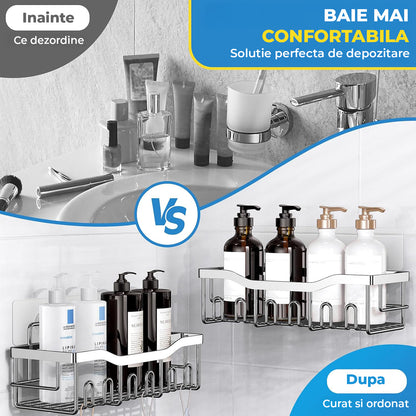 Set 5 Rafturi de Dus Elindor® Polita cu Adeziv, Etajera de Baie, Raft cu Carlige, din Otel Inoxidabil, Suport Prosop si Sapun, Organizator Baie sau Etajere Depozitare in Bucatarie, Accesorii Sanitare, Argintiu