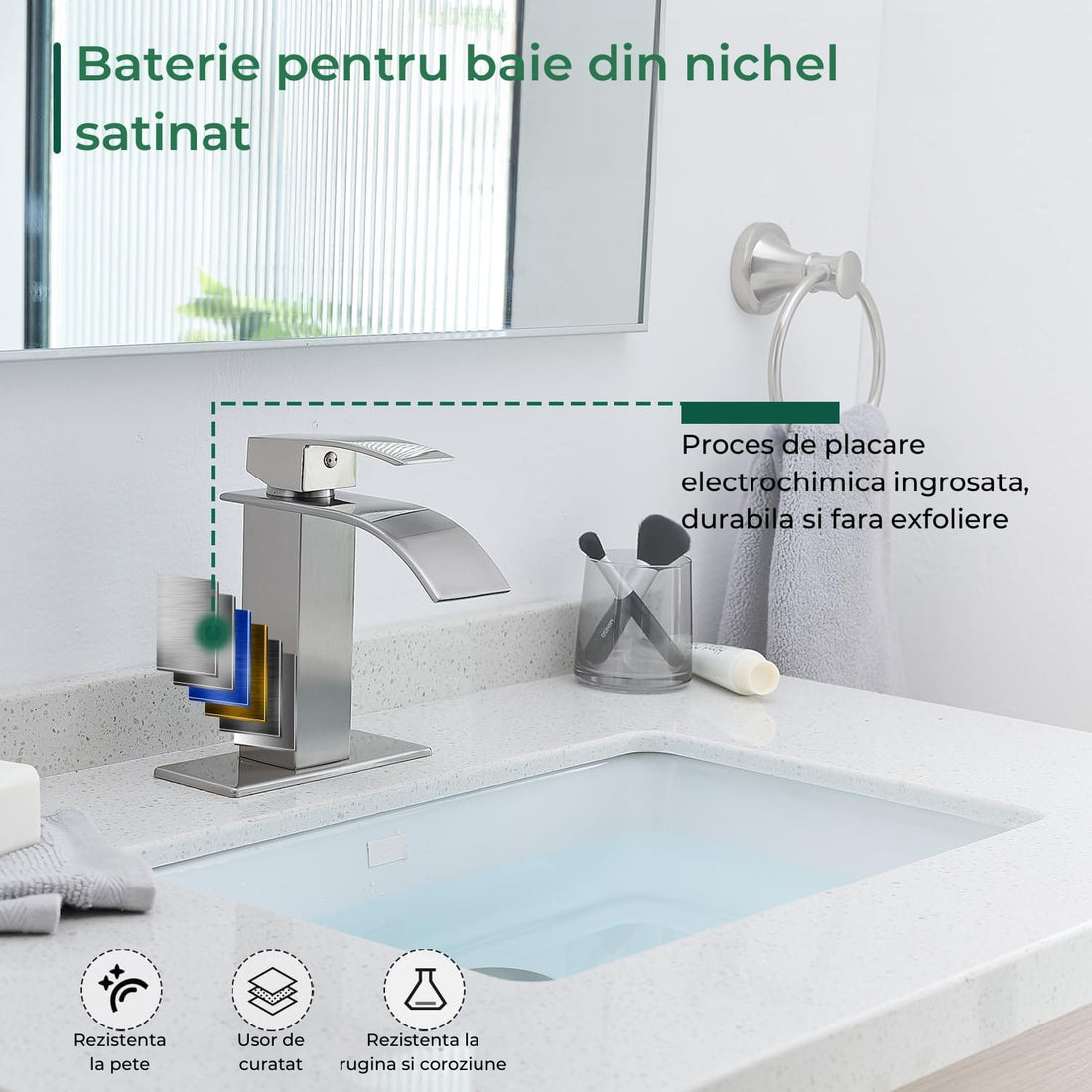Baterie Cascadă Elindor® pentru Chiuveta Baie, Finisaj Nichel Satinat, Mâner Unic, Placă pentru 1 sau 3 Găuri