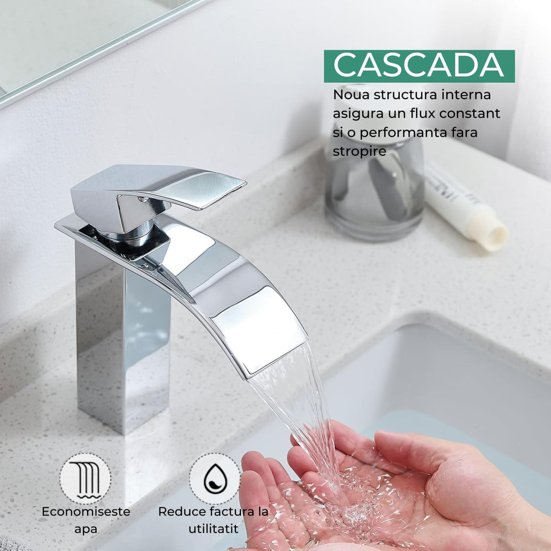 Baterie Cascadă Elindor® pentru Chiuveta Baie, Finisaj Cromat, Mâner Unic, Placă pentru 1 sau 3 Găuri