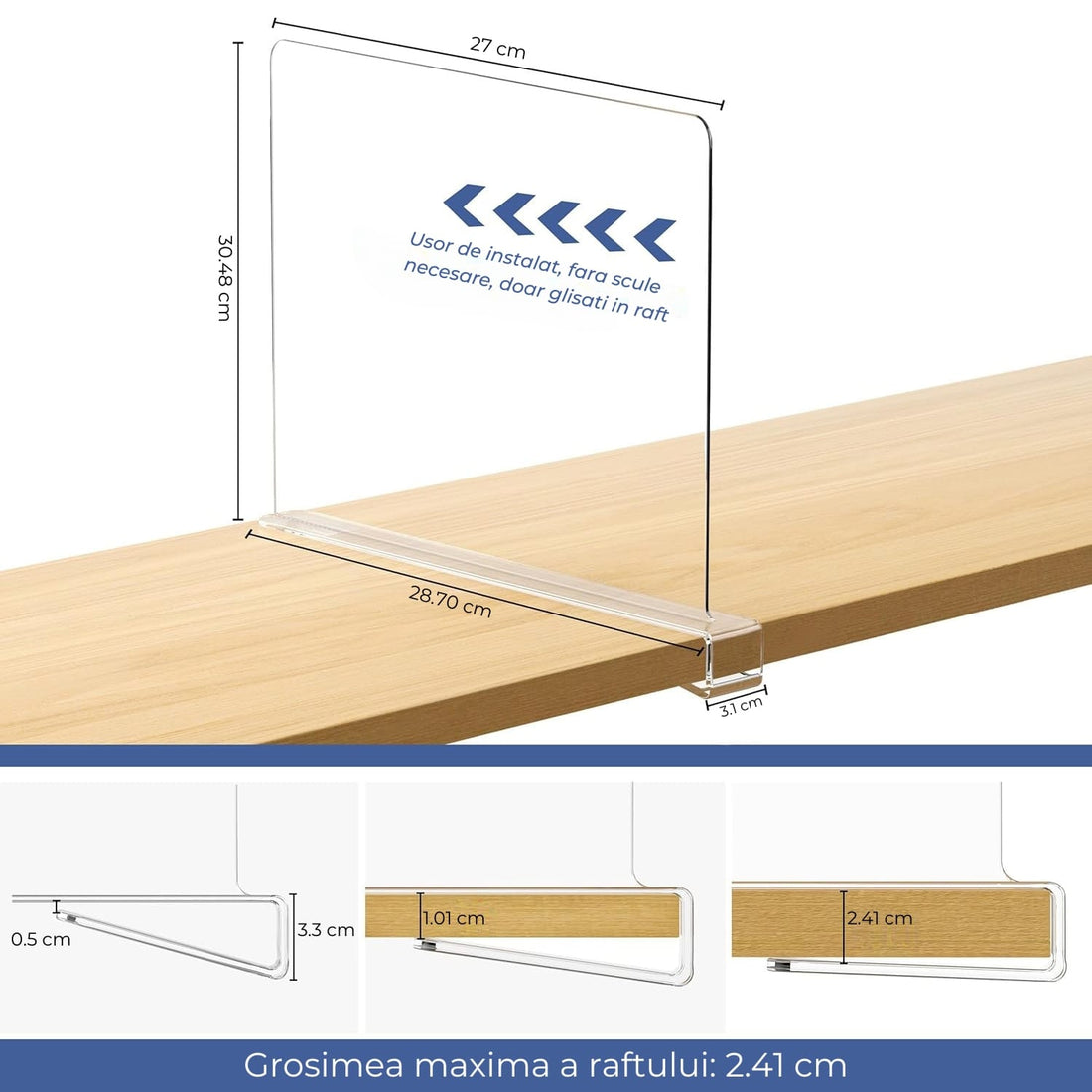 Set 4 separatoare acrilice Elindor®, de 30 cm pentru rafturi, organizator pentru haine, genti si prosoape, montaj rapid fara scule, pentru rafturi de pana la 2.4 cm grosime, Organizatoare baie, lazi, acte, camara, Transparent, Plastic