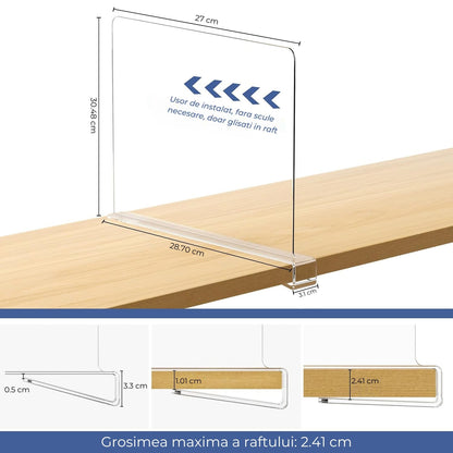 Set 4 separatoare acrilice Elindor®, de 30 cm pentru rafturi, organizator pentru haine, genti si prosoape, montaj rapid fara scule, pentru rafturi de pana la 2.4 cm grosime, Organizatoare baie, lazi, acte, camara, Transparent, Plastic