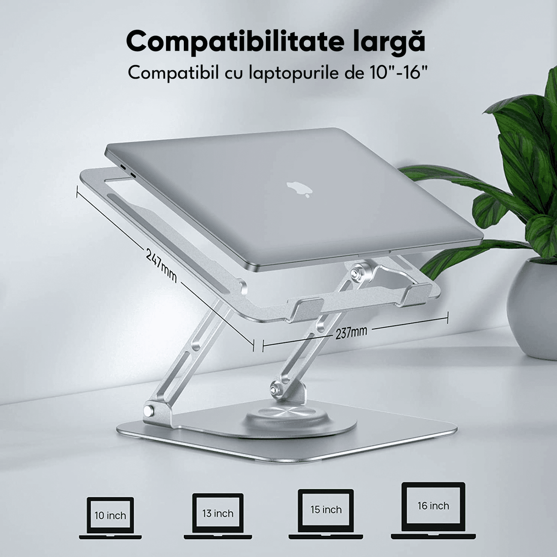 Suport Laptop Ergonomic, Pliabil, Bază Rotativă 360°, Aluminiu și Silicon, 10-16”, Argintiu