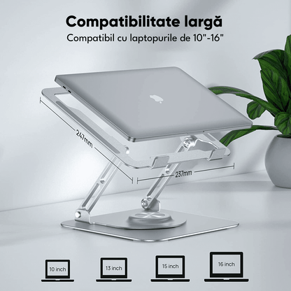 Suport Laptop Ergonomic, Pliabil, Bază Rotativă 360°, Aluminiu și Silicon, 10-16”, Argintiu