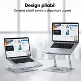 Suport Laptop Ergonomic, Pliabil, Bază Rotativă 360°, Aluminiu și Silicon, 10-16”, Argintiu