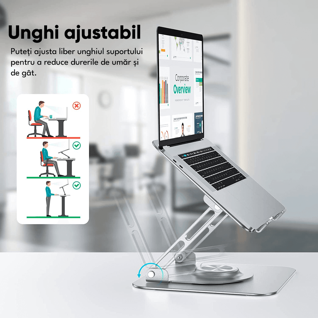 Suport Laptop Ergonomic, Pliabil, Bază Rotativă 360°, Aluminiu și Silicon, 10-16”, Argintiu