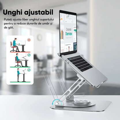 Suport Laptop Ergonomic, Pliabil, Bază Rotativă 360°, Aluminiu și Silicon, 10-16”, Argintiu