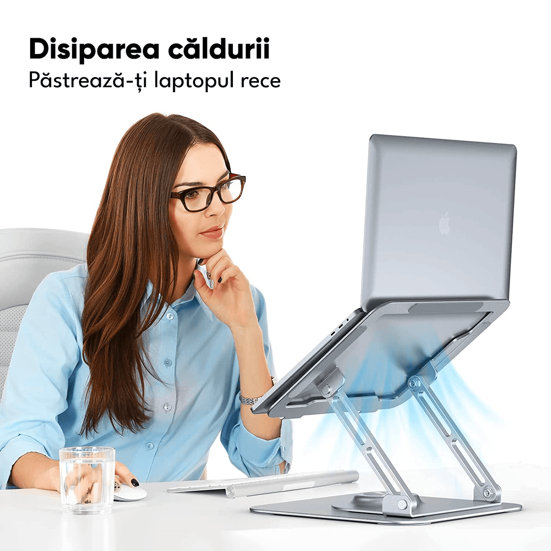 Suport Laptop Ergonomic, Pliabil, Bază Rotativă 360°, Aluminiu și Silicon, 10-16”, Argintiu