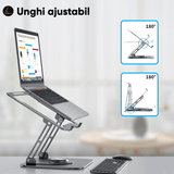 Suport Laptop Ergonomic, Pliabil, Bază Rotativă 360°, Aluminiu și Silicon, 10-16”, Argintiu