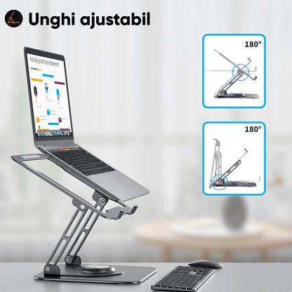 Suport Laptop Ergonomic, Pliabil, Bază Rotativă 360°, Aluminiu și Silicon, 10-16”, Argintiu