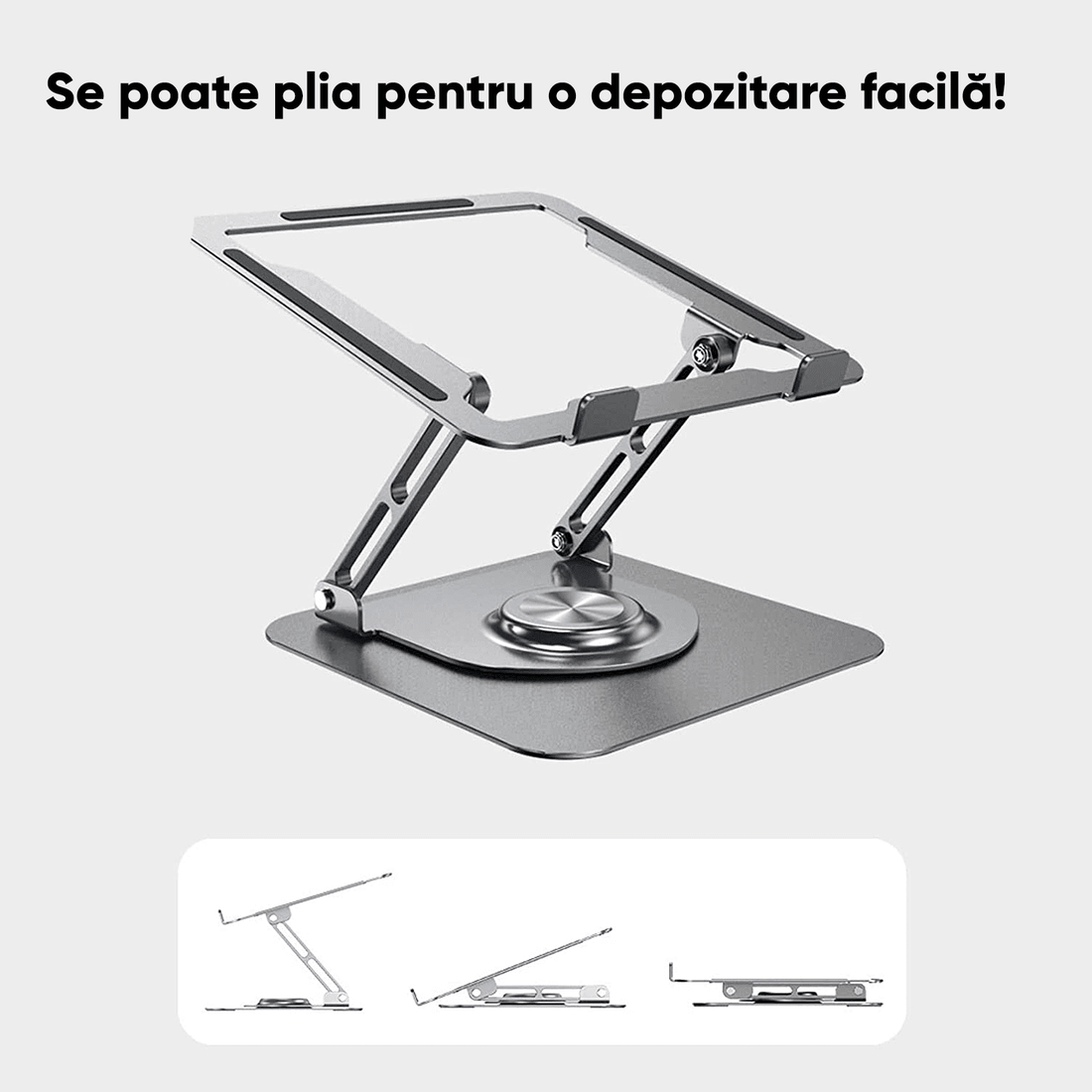 Suport Laptop Ergonomic, Pliabil, Bază Rotativă 360°, Aluminiu și Silicon, 10-16”, Argintiu