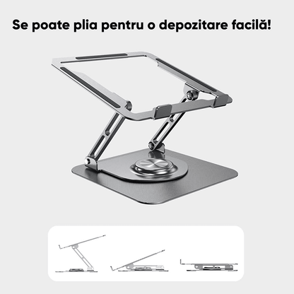 Suport Laptop Ergonomic, Pliabil, Bază Rotativă 360°, Aluminiu și Silicon, 10-16”, Argintiu