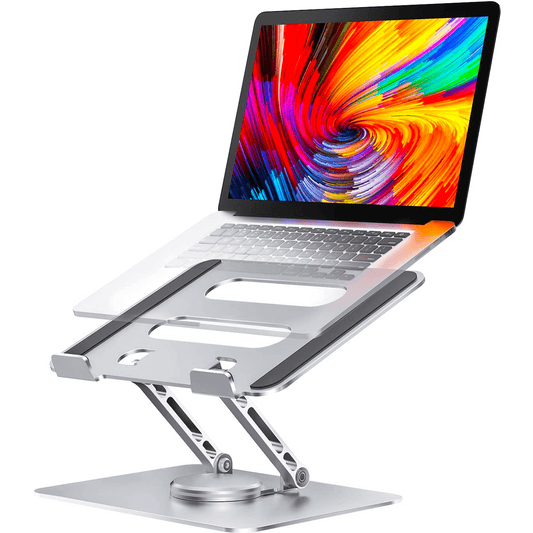 Suport Laptop Ergonomic Reglabil, Bază Rotativă 360°, Aluminiu și Silicon, Pliabil, 10-17”, Argintiu