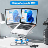 Suport Laptop Ergonomic Reglabil, Bază Rotativă 360°, Aluminiu și Silicon, Pliabil, 10-17”, Argintiu