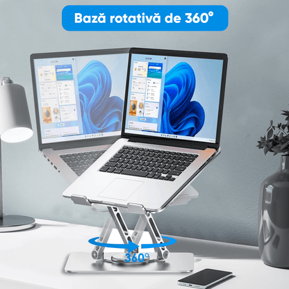 Suport Laptop Ergonomic Reglabil, Bază Rotativă 360°, Aluminiu și Silicon, Pliabil, 10-17”, Argintiu