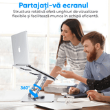 Suport Laptop Ergonomic Reglabil, Bază Rotativă 360°, Aluminiu și Silicon, Pliabil, 10-17”, Argintiu