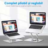 Suport Laptop Ergonomic Reglabil, Bază Rotativă 360°, Aluminiu și Silicon, Pliabil, 10-17”, Argintiu