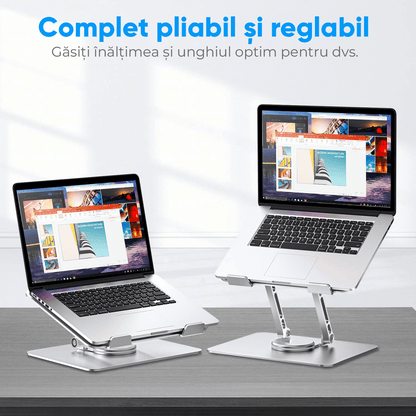 Suport Laptop Ergonomic Reglabil, Bază Rotativă 360°, Aluminiu și Silicon, Pliabil, 10-17”, Argintiu