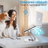 Suport Laptop Ergonomic Reglabil, Bază Rotativă 360°, Aluminiu și Silicon, Pliabil, 10-17”, Argintiu