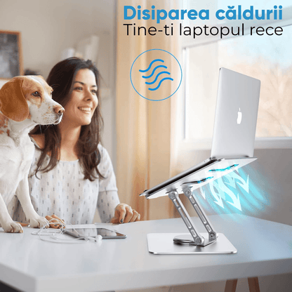 Suport Laptop Ergonomic Reglabil, Bază Rotativă 360°, Aluminiu și Silicon, Pliabil, 10-17”, Argintiu