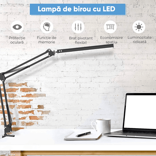 Lampă LED Birou, 3 Moduri Lumină, 10 Nivele Intensitate, USB, Clema Metalică, Ajustabilă, Aluminiu, 12W, Negru
