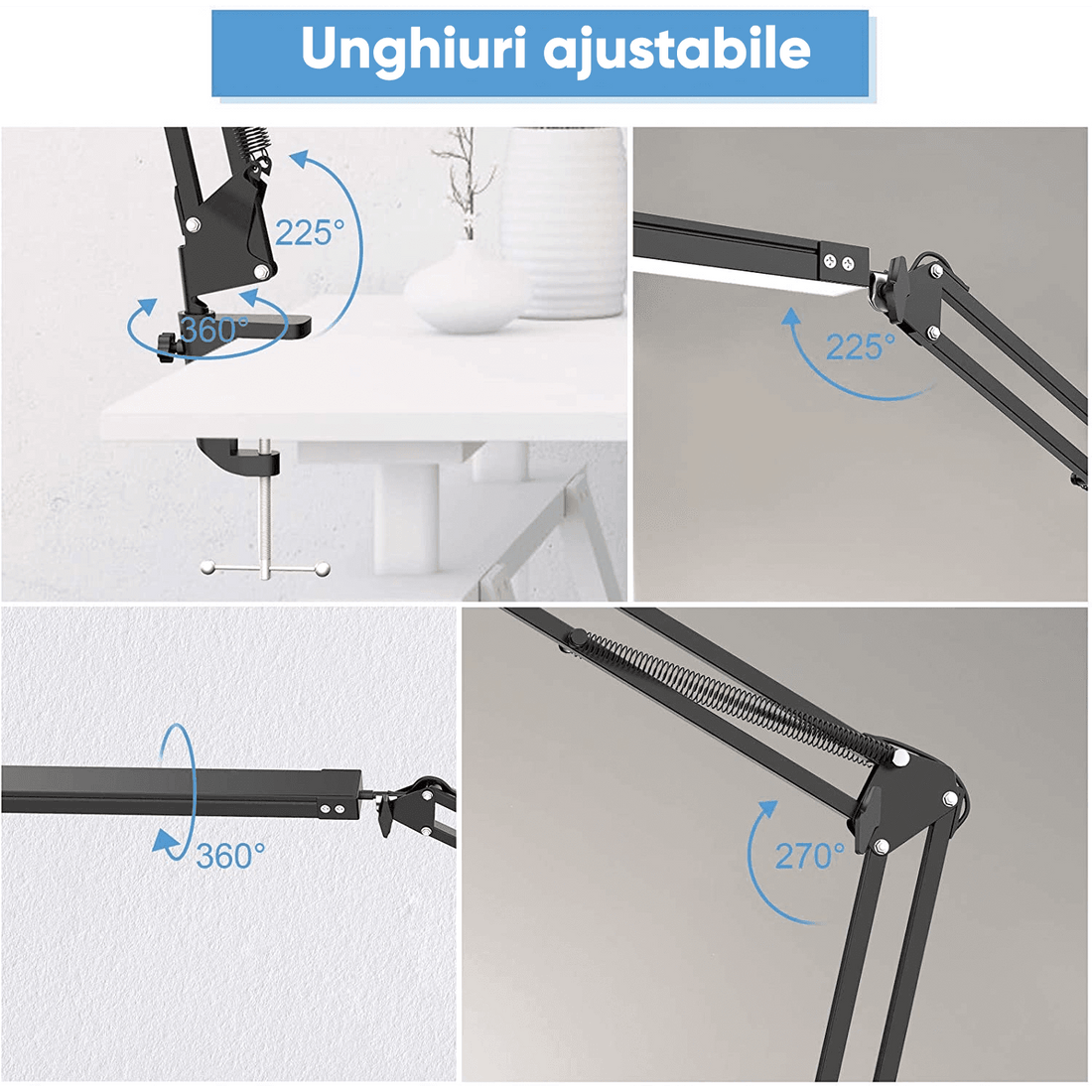 Lampă LED Birou, 3 Moduri Lumină, 10 Nivele Intensitate, USB, Clema Metalică, Ajustabilă, Aluminiu, 12W, Negru