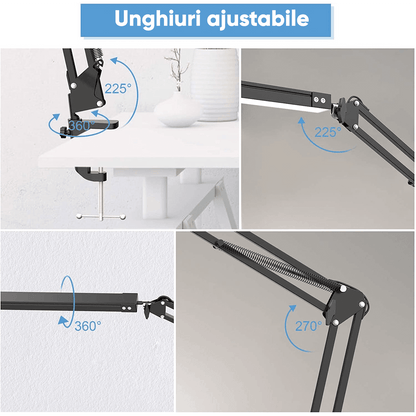 Lampă LED Birou, 3 Moduri Lumină, 10 Nivele Intensitate, USB, Clema Metalică, Ajustabilă, Aluminiu, 12W, Negru